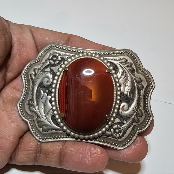 Vintage Western Embossed Belt Buckle Cabochon Orange Agate Scroll Design Unisex - Picture 1 of 9